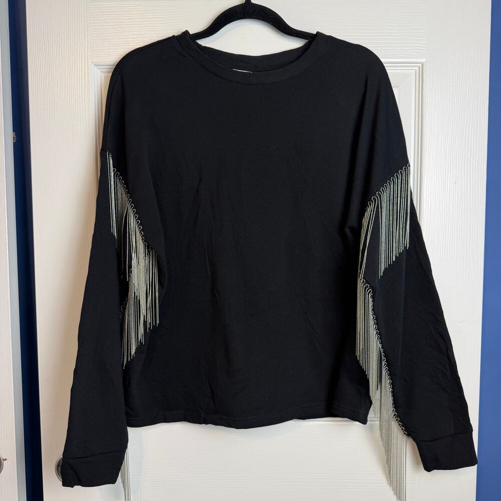 H&M Sweatshirt Womens M Black Silver Chain Fringe Long Sleeve Crewneck
